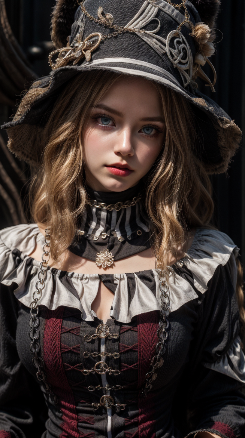 00162-247394171-1girl, blonde hair, solo, hat, blue eyes, looking at viewer, long hair, upper body, chain, lips, realistic, dress, wavy hair, cl.png